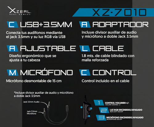 Xzeal Audífonos Gamer Micrófono Xz-7010 Alámbric 1.8m Blanco