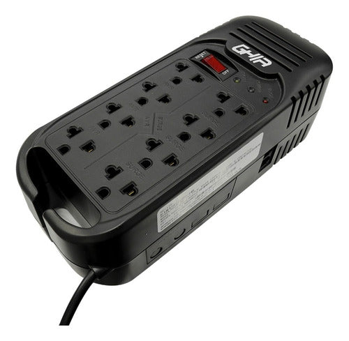 Regulador De Voltaje Ghia 8 Contactos A 1300 Va 600 Watts En Conjunto Color Negro Modelo Gvr-013