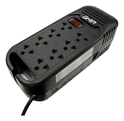 Regulador De Voltaje Ghia 8 Contactos A 1300 Va 600 Watts En Conjunto Color Negro Modelo Gvr-013