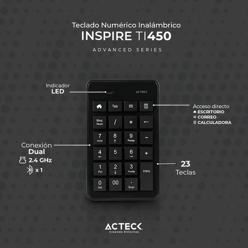 Acteck Teclado Numérico Inspire Pad Tn450 Bluetooth, Negro