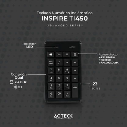 Acteck Teclado Numérico Inspire Pad Tn450 Bluetooth, Negro