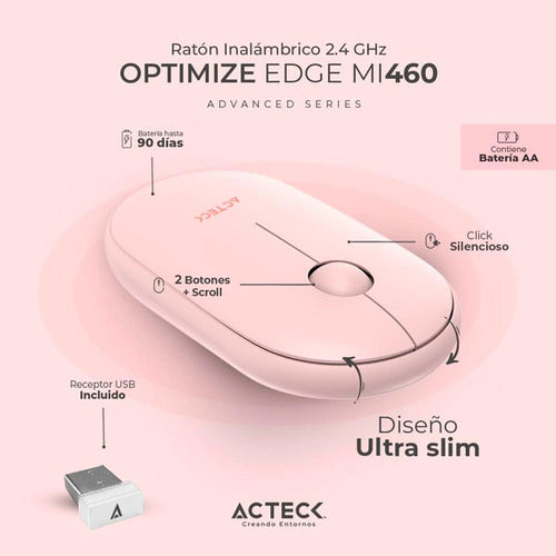 Mouse Acteck Óptico Optimize Ed Mi460 Inalámbrico Usb-a Rosa