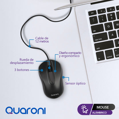 Mouse Quaroni Óptico Maq01n, Alámbrico, Usb, 1200dpi, Negro