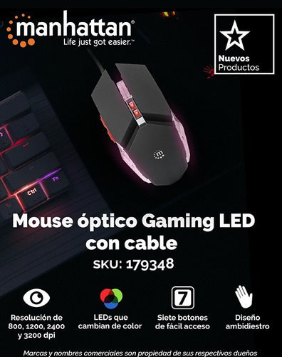 Mouse Gamer Manhattan Óptico, Alámbrico, Usb, 3200dpi Plata Negro/gris