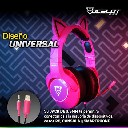 Ocelot Gaming Audífonos Gamer Ogh03 Multiplataforma 3.5 Rosa