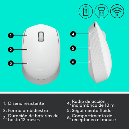 Mouse Ergonómico Logitech Óptico M170 Inalám 1000dpi Blanco