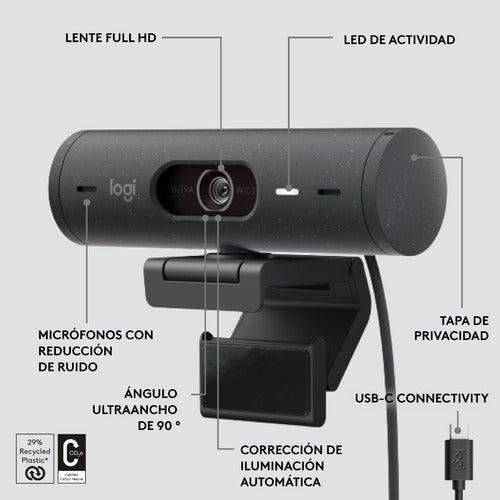 Logitech Webcam Brio 500 Con Micrófono, 4mp, 1920x1080 Usb-c