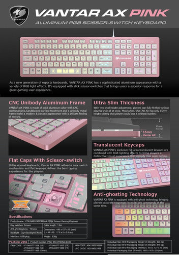 Teclado Rosa Gamer Cougar Vantar Ax Rgb, Switch Tijera