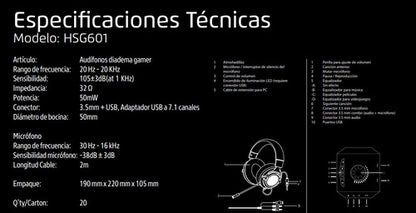 Game Factor Audífonos Gamer Hsg601 7.1, Alámbrico, 2m 3.5mm