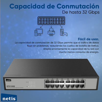 Switch Netis St3116gs, 16 Puertos Gigabit Ethernet 32 Gbit/s