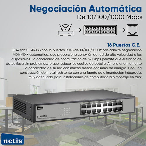 Switch Netis St3116gs, 16 Puertos Gigabit Ethernet 32 Gbit/s