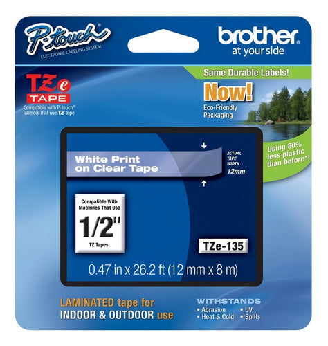 Cinta Brother Tzes135 Blanco Sobre Transparente, 12mm X 8m