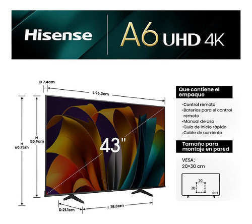 Hisense Smart Tv Led A6 43 , 4k Ultra Hd, Negro 43a6nv
