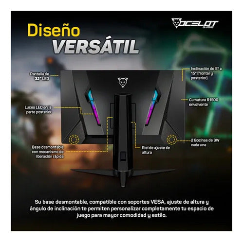 Monitor Curvo Ocelot Gaming 32 PuLG Fhd 180hz Freesync Negro