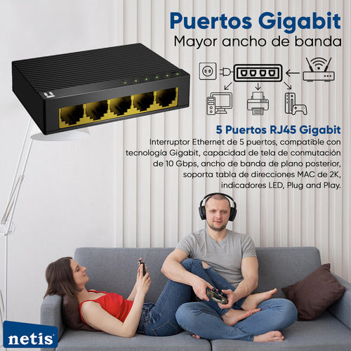 Netis Switch Conmutador Gigabit 5 Puertos 10/100/1000 Mbps