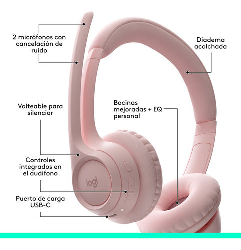 Logitech Audífonos Micrófono Zone 300, Bluetooth Usb-c Rosa