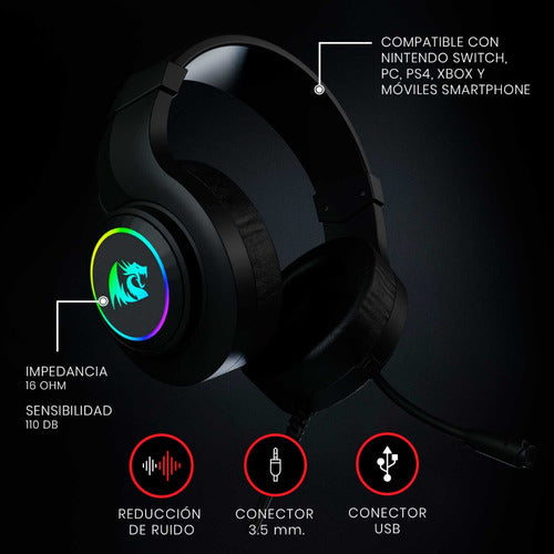 Diadema Redragon Hylas H260 Rgb Microfono Gamer Headset 3.5m