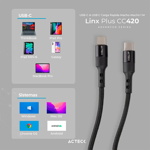Acteck Cable Usb C Macho - Usb C Macho, 1.80 Metros, Negro