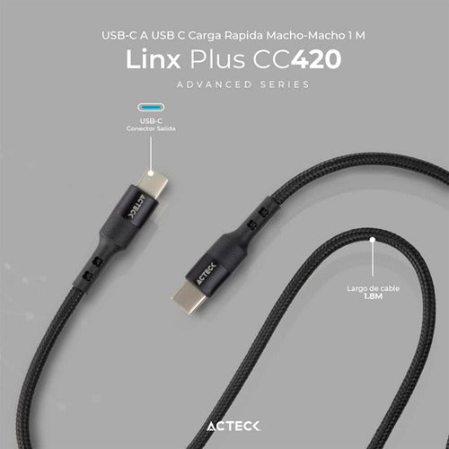 Acteck Cable Usb C Macho - Usb C Macho, 1.80 Metros, Negro
