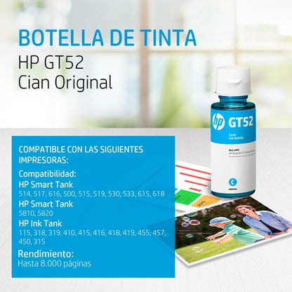 Tanque De Tinta Hp Gt52 Cian, 70ml Original M0h54al