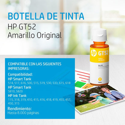 Tanque De Tinta Hp Gt52 Amarillo, 70ml Original  M0h56al