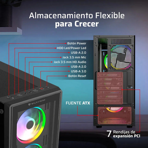 Gabinete Gamer Balam Rush Dragonfly Ii Crystal Gm745 Atx Media Torre 4 Fan Rgb Cristal Templado Usb 3.0 Negro Br-935968