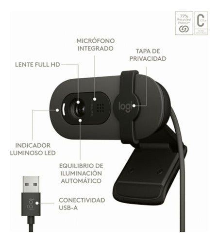 Logitech Webcam Brio 100 2m 1920x1080 Pixeles Usb-a Grafito