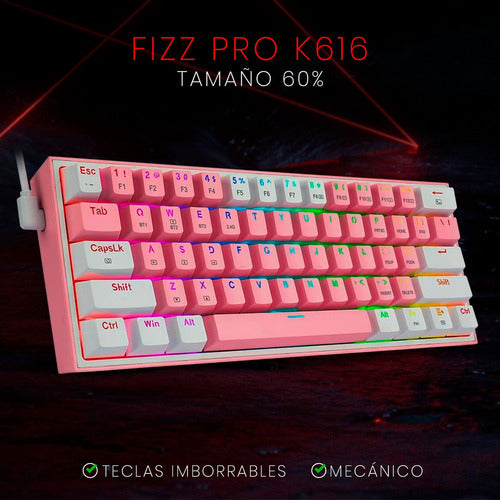 Teclado Mecánico Redragon 60% Fizz Pro K616rgb Pink/white Wl