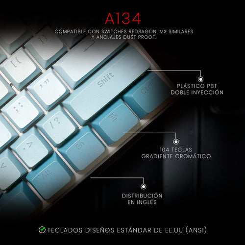 Teclas Gamer Redragon A134 Degradado Azul A Blanco Ingles