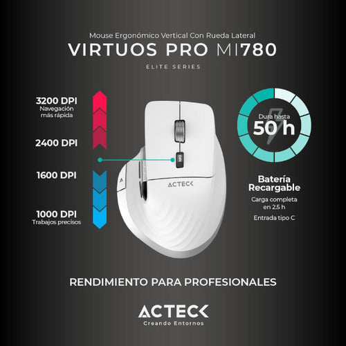Mouse Blanco Ergonómico Virtuos Pro Mi780 Bluetooth/usb-c 3k