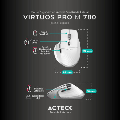 Mouse Blanco Ergonómico Virtuos Pro Mi780 Bluetooth/usb-c 3k