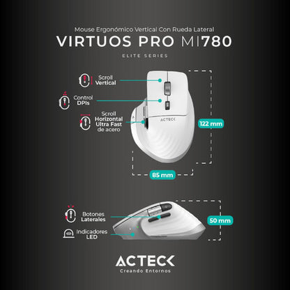 Mouse Blanco Ergonómico Virtuos Pro Mi780 Bluetooth/usb-c 3k