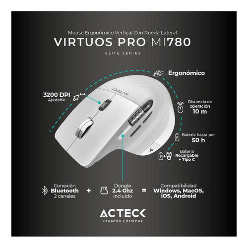 Mouse Blanco Ergonómico Virtuos Pro Mi780 Bluetooth/usb-c 3k
