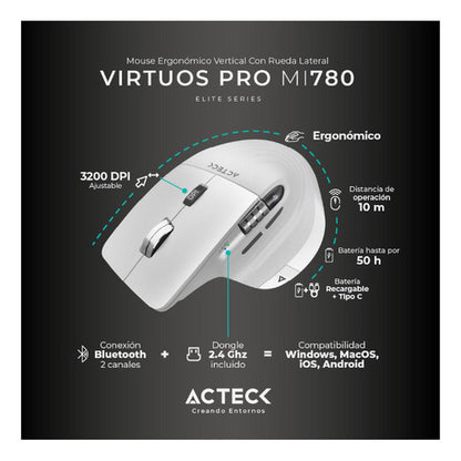 Mouse Blanco Ergonómico Virtuos Pro Mi780 Bluetooth/usb-c 3k