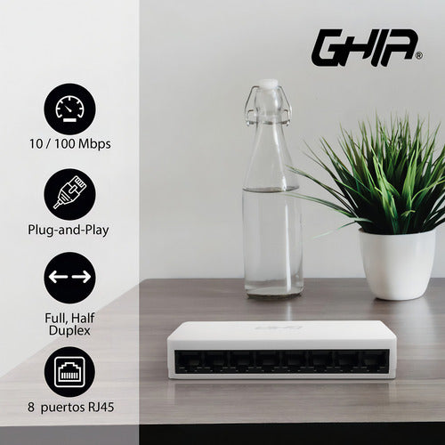 Conmutador Ghia 10-100mbps Switch No Administrable 8 Puertos Color Blanco Modelo Gnw-s2