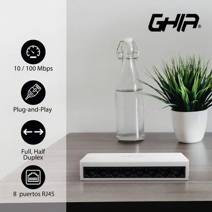 Conmutador Ghia 10-100mbps Switch No Administrable 8 Puertos Color Blanco Modelo Gnw-s2