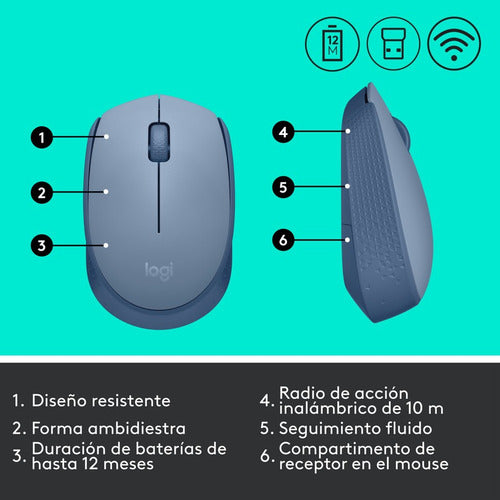 Mouse Ergonómico Logitech Óptico M170 Inal Usb 1000dpi Azul
