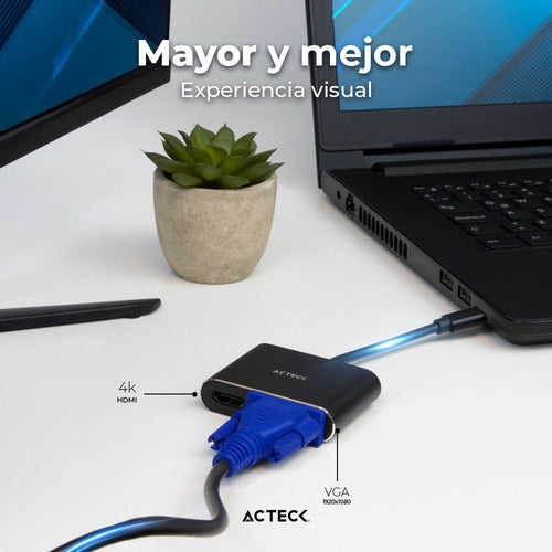 Acteck Adaptador Usb C Macho - Hdmi/vga Hembra, Negro