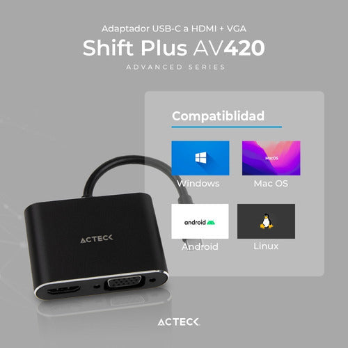 Acteck Adaptador Usb C Macho - Hdmi/vga Hembra, Negro
