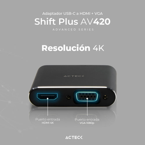 Acteck Adaptador Usb C Macho - Hdmi/vga Hembra, Negro