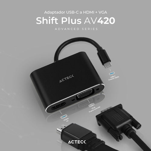 Acteck Adaptador Usb C Macho - Hdmi/vga Hembra, Negro