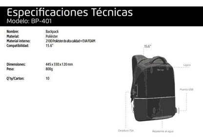 Vorago Mochila De Poliéster Bp-401 Para Laptop 15.6 , Negro