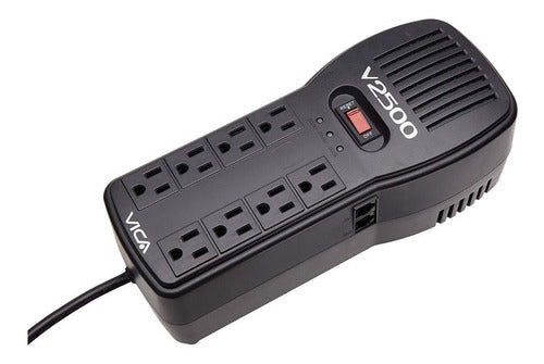 Regulador Vica V2500, 2500va, 300j, Entrada 100-127v, Negro