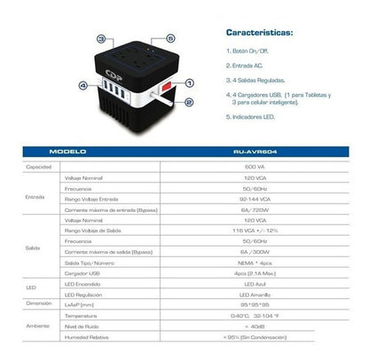 Regulador Cdp Supresor De Picos Avr 604 300w 600va 4xusb