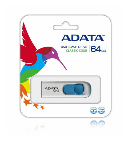 ADATA 64 GB Memoria Flash USB 2.0 Deslizable Color Blanco con Azul (Modelo C008)