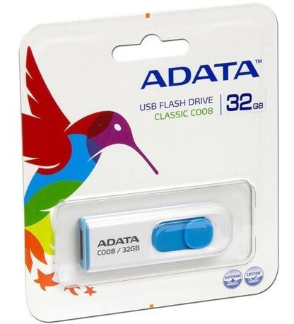 ADATA 32 GB Memoria Flash USB 2.0 Deslizable Color Blanco con Azul (Modelo C008)