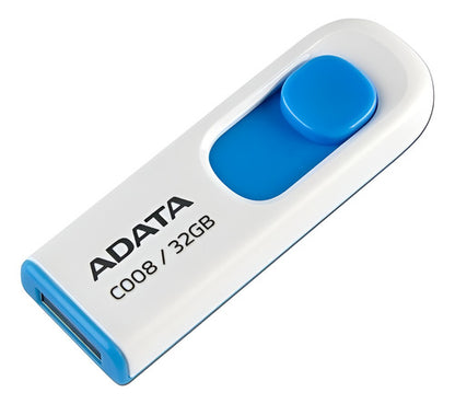 ADATA 32 GB Memoria Flash USB 2.0 Deslizable Color Blanco con Azul (Modelo C008)