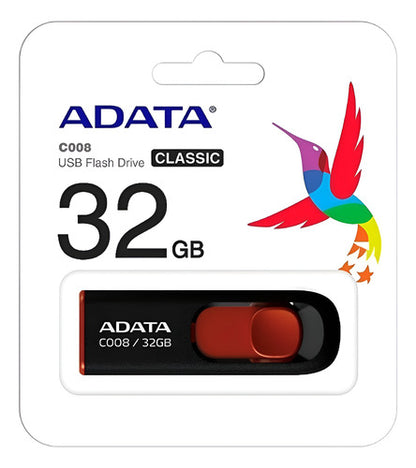 ADATA 32 GB Memoria Flash USB 2.0 Deslizable Color Negro con Rojo (Modelo C008)