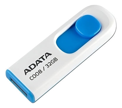 ADATA 16 GB Memoria Flash USB 2.0 Deslizable Color Blanco con Azul (Modelo C008)