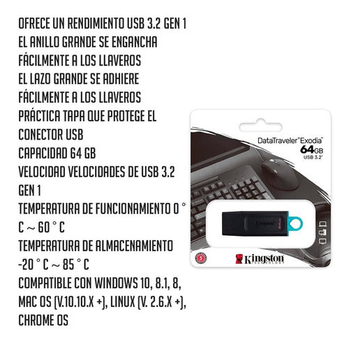 Memoria Usb Kingston Datatraveler Exodia 64gb Usb A Negro